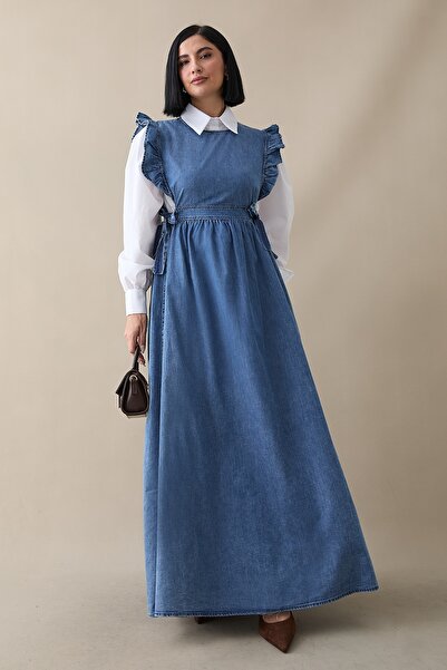 InStyle Φόρεμα Frida Blue Denim Gilet - Βολάν ώμου
