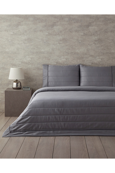English Home Valery Pamuk Saten Kapitoneli Çift Kişilik Yatak Örtüsü Takımı Koyu Gri