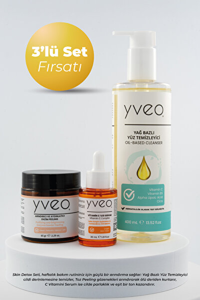 YVEO Skin Detox 3 lü Set - Peeling, Yüz Temizleme Yağı, C Vitamini