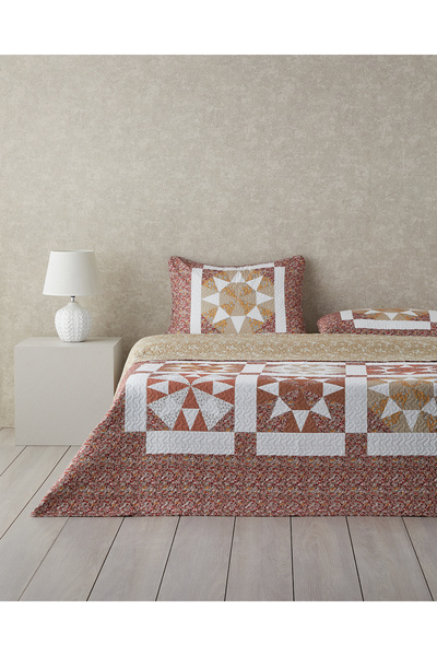 English Home Vintage Lace Patchwork Çift Taraflı Çok Amaçlı Tek Kişilik Yatak Örtüsü Takımı 160x220 cm Terracotta