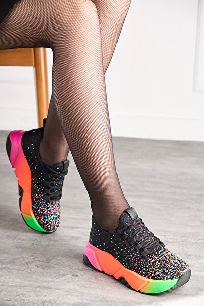 İmerShoes Daily Women's Black Sports Shoes Stone Laced Lightweight Thick High Color Sole Walking Sneaker 403