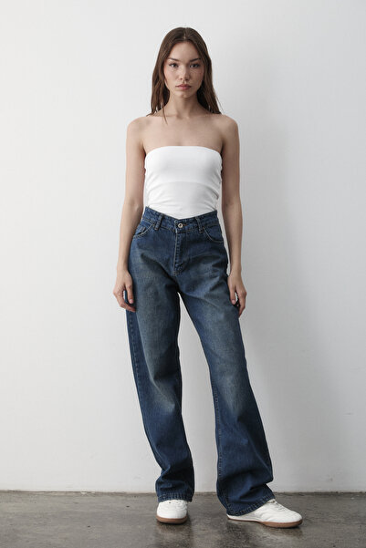 JASTE Kadın Kahverengi Tint Yüksek Bel Geniş Paça Jean Pantolon