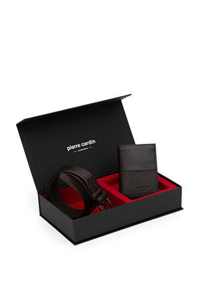 Pierre Cardin طقم حزام ومحفظة من الجلد البني بنسبة 100% 50319276-VR029
