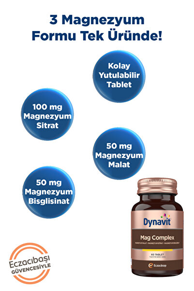 Dynavit Mag Complex 200mg Magnezyum Kompleks 3lü Form (Malat-Sitrat-Bisglisinat) 60 Tab - Magnesium Complex