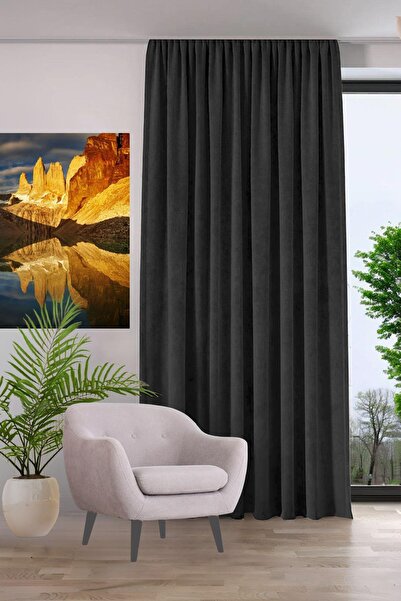 GOCCIA HOME Kadife Dokulu Fon Perde Pilesiz Tek Kanat Siyah