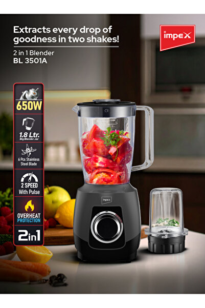 İMPEX 2 in 1 Blender 1.8L 650W Mixer Grinder BL 3501A - 2 Speed with Pulse Control 6 Stainless Steel Blade