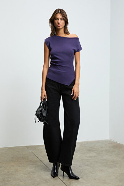 GRIMELANGE Rehinga Women's Asymmetric Collar Regular Short Sleeve Purple Blouse