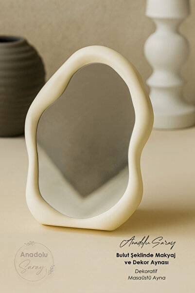 Anadolu Saray Bohem Bulut Pembe ve Beyaz Tarzı Dekoratif Masaüstü Ayna - Bulut Şeklinde Makyaj ve Dekor Aynası