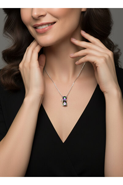 Parmas Design Kadın Mistik Topaz Taşlı Kedi 925 Ayar Gümüş Kolye