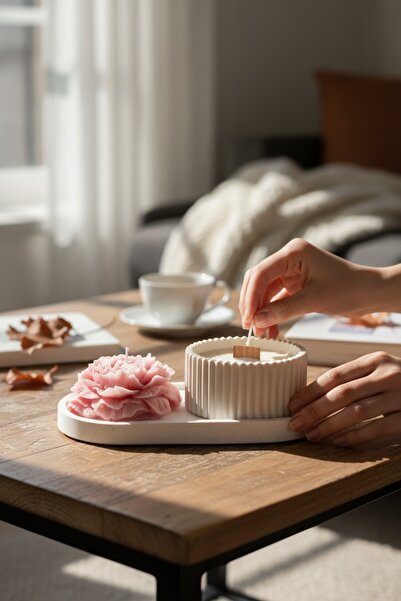 NİLCANDLE Beton Altlık ve Mumlu Kase - Şakayık Çiçek Desenli Mum Seti – Kokul...