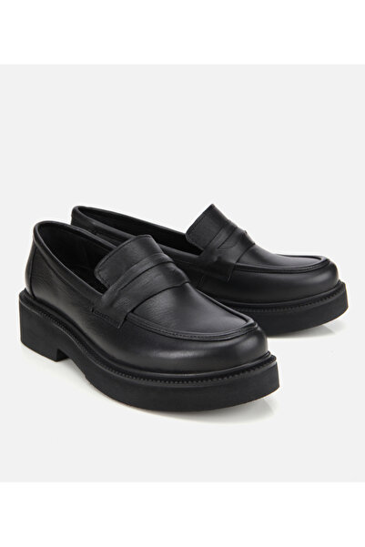 Hotiç Kadın Deri Siyah Kalın Tabanlı Klasik Loafer