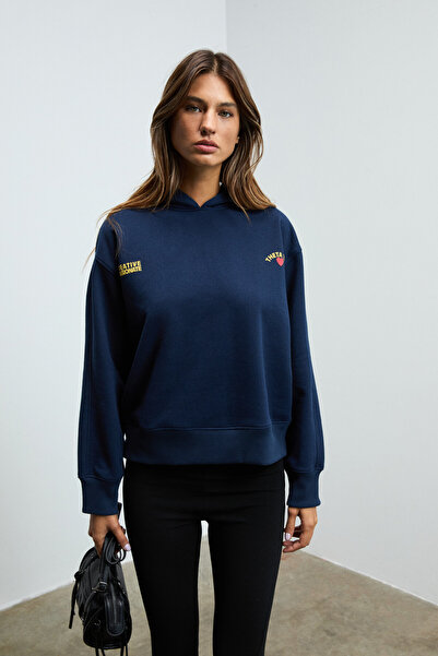 GRIMELANGE Isrop Women's Soft Fabric Printed Hooded Navy Blue Sweatshirt