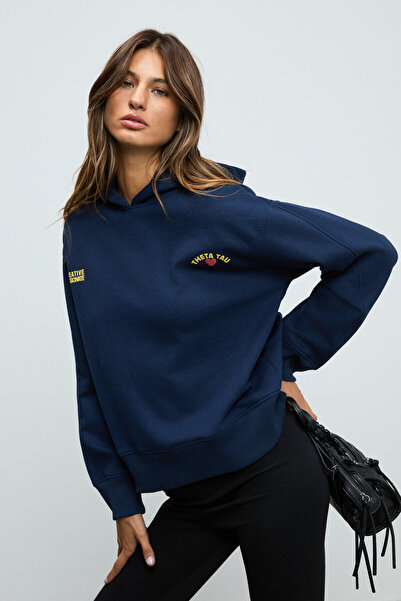 GRIMELANGE Isrop Women's Soft Fabric Printed Hooded Navy Blue Sweatshirt