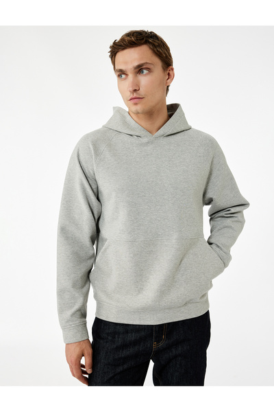 Koton Kangaroo Pocket Hooded Long Sleeve Hoodie with Rubber Detail