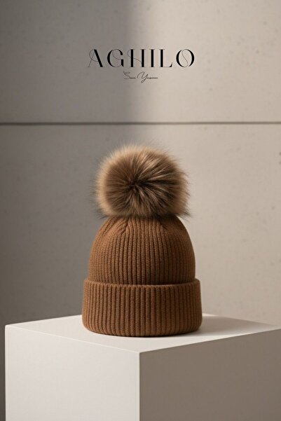 Aghilo Beretă de lână de lux cu pompon de blană - Camel