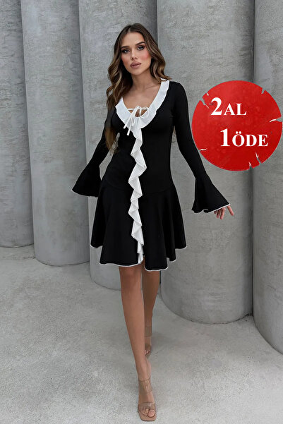 Lesa Wear Yumuşacık Fırfır Detaylı Likralı Kruvaze Mini Gece Elbisesi