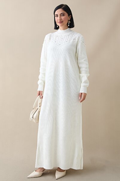 InStyle Ecru Color Pearl Knitwear Dress