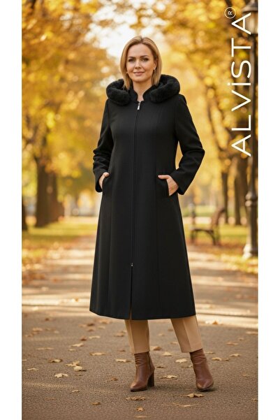 ALVİSTA معطف أسود بتفاصيل قطيفة - معطف نسائي بغطاء للرأس