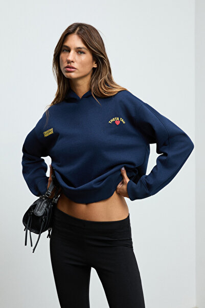 GRIMELANGE Isrop Women's Soft Fabric Printed Hooded Navy Blue Sweatshirt