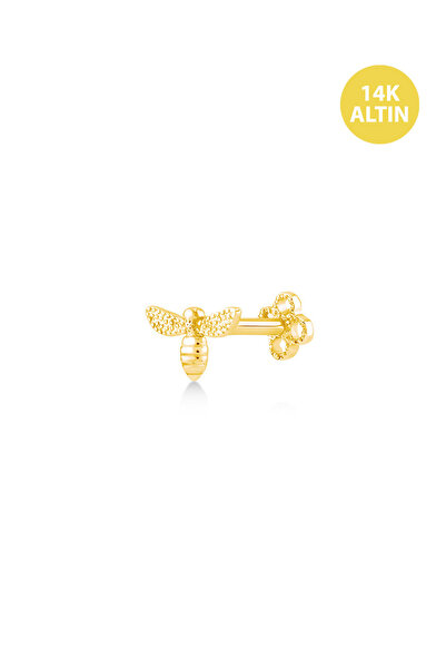 KURSHUNI Taşsız Mini Arı, 14 Ayar Altın Kıkırdak Küpe/Piercing (TEK Satılır) Bar Uzunluğu:6,5 mm