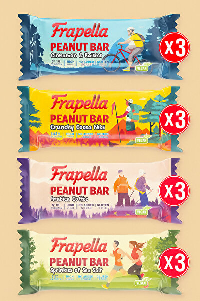 Frapella Meyveli Fıstık Bar Deneme Paketi Şeker ilavesiz Vegan 40 Gr. x 12 Adet