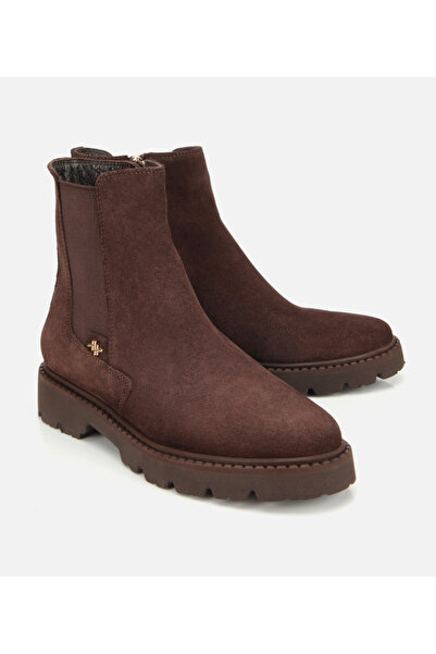 Hotiç Kadın Süet Deri Kahverengi Lastik Detaylı Düz Bot