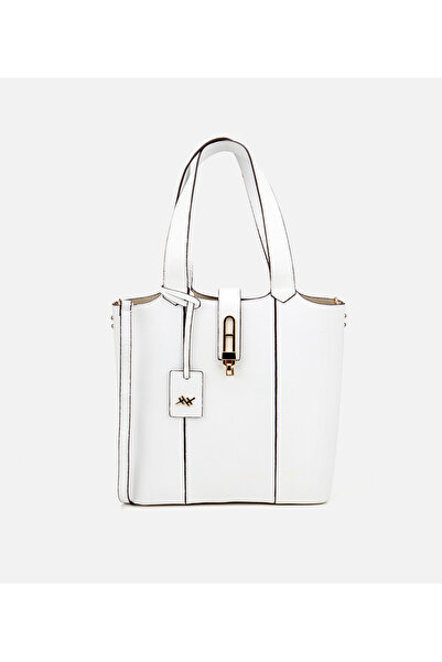 Hotiç Kadın Deri Beyaz Kilit Detaylı Tote Çanta