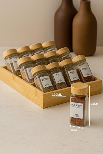 Kitchen Life 13 Parça Bambu Standlı Cam Baharatlık Seti 120 Ml - 12'li + 1 Standlı Baharatlık Takımı