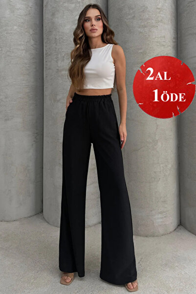 Lesa Wear Yumuşacık Yüksel Bel Geniş Paça Likralı Jarse Pantolon Flared