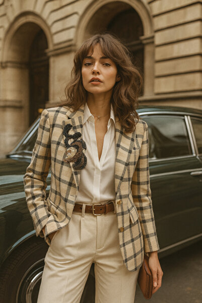 GZ Design Boncuk Işlemeli Camel Ekose Blazer Ceket