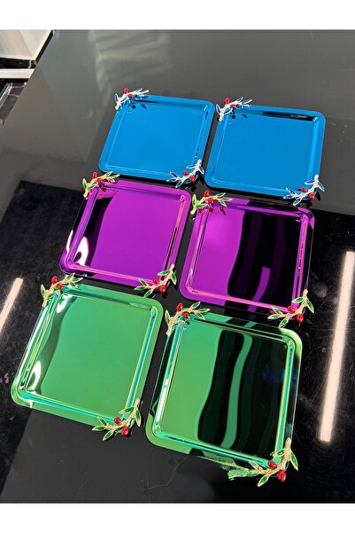 SİNİ Zeytin Dal Aksesuarlı Paslanmaz Çelik 6 Adet Kare Lüx Renkli Kahve, Çay Sunum Servis Tepsisi