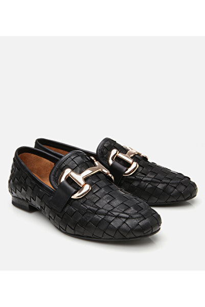 Hotiç Жіночі шкіряні чорні класичні лофери з плетеними деталями та пряжками