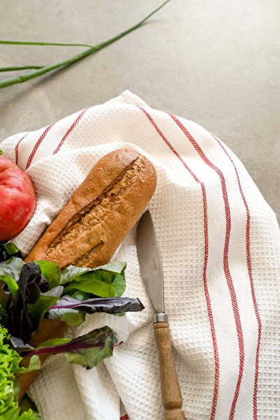 Barine طقم مناشف مطبخ وافل 2 قطعة كريمي-أحمر 50×75