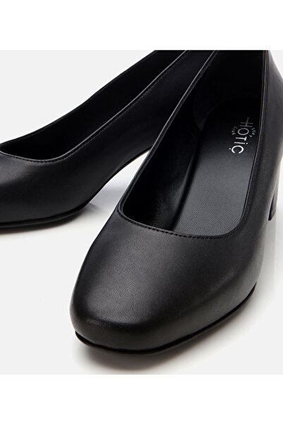 Hotiç Women's Leather Black Comfortable Thick Heeled Shoes