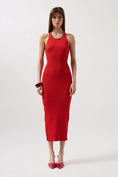 Maxi modena Women's Halter Neck Chain Accessory Cross Strap Red Dress