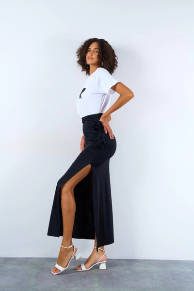 Omarı Women's Side Gathered Rose Slit Skirt