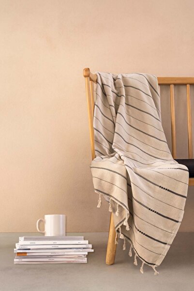 Barine Бежево-чорний бавовняний плед для дивана - 130x180