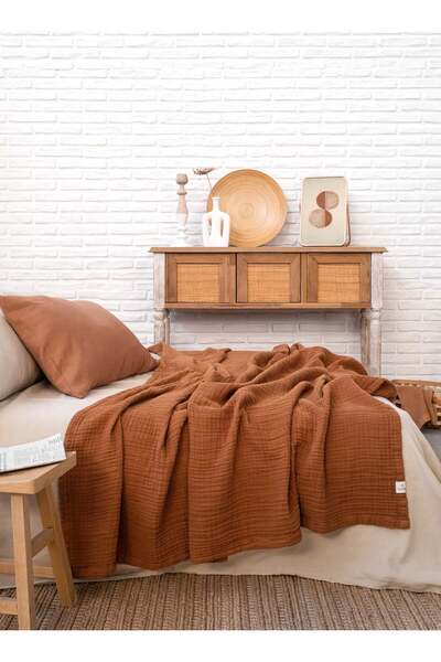 Barine Şal de canapea din in din tifon de culoare cărămidă - 152x203