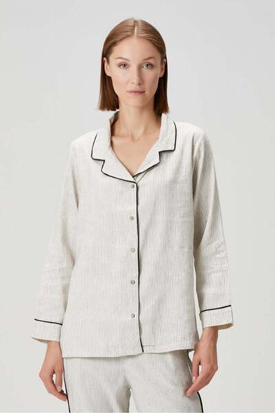 Barine Πιτζάμες Lino Linen Πουκάμισο Υπόλευκο / Μαύρο ριγέ