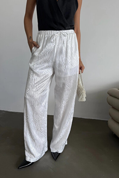 buHillco Jacquard Patterned Wide Leg White Satin Trousers with Elastic Waist