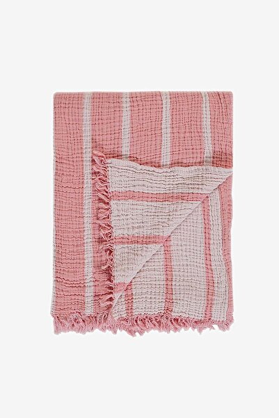 Barine Çizgili Pamuk Cocoon Koltuk Şalı Mercan Rengi 130x170