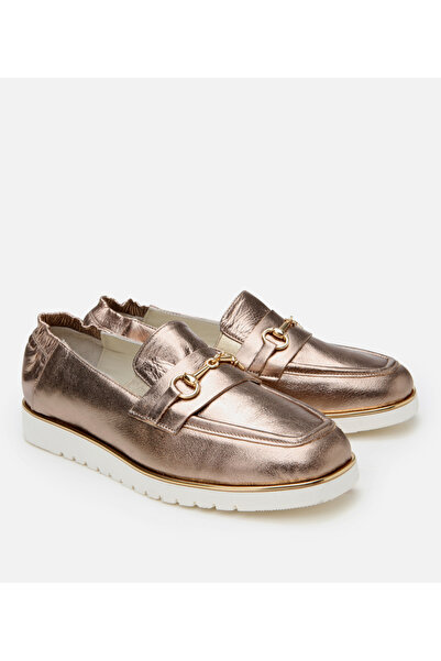 Hotiç Women's Leather Bronze Rubber Detailed Buckle Casual Loafer