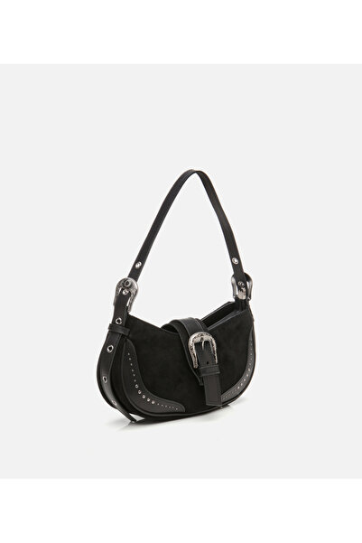 Hotiç Women's Suede Leather Black Buckle Detailed Shoulder Bag