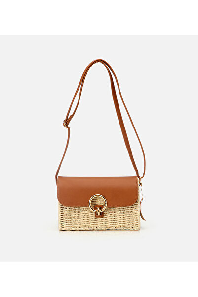 Hotiç Geantă de damă din paie bej cu blocare detaliată