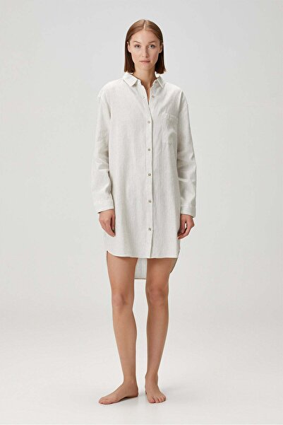 Barine Cămașă de in Lino Pijama cu dungi alb/negru