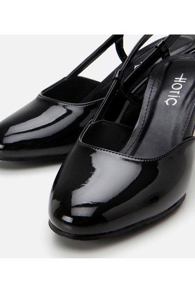 Hotiç Women's Patent Leather Black Open Back Wedge Heeled Shoes