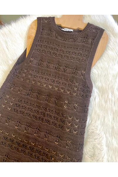RTD&VLD Women's Vita-194 Crew Neck Openwork Knitwear Dress Brown