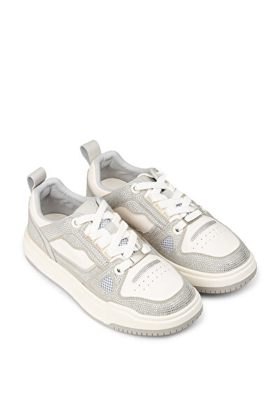 Deery Women's Genuine Leather Silver Color Stone Detailed Sneaker