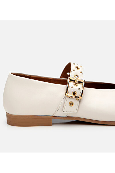 Hotiç Women's Leather Ecru Mary Jane Belted Ballerinas