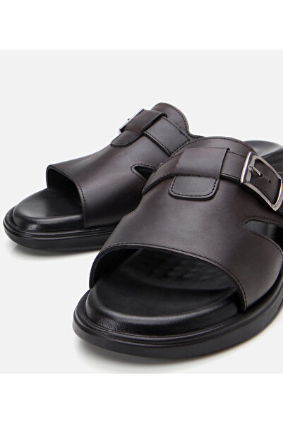 Hotiç Men's Leather Black Light Sole Belt Detailed Slippers